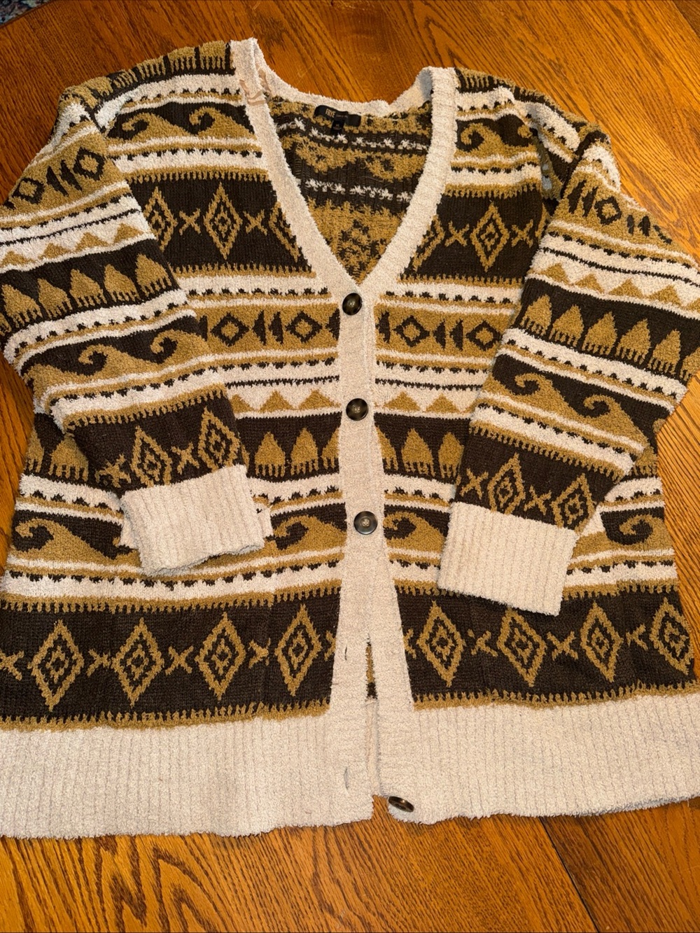 Frye Cream, Brown & Tan Patterned V-Neck Cardigan